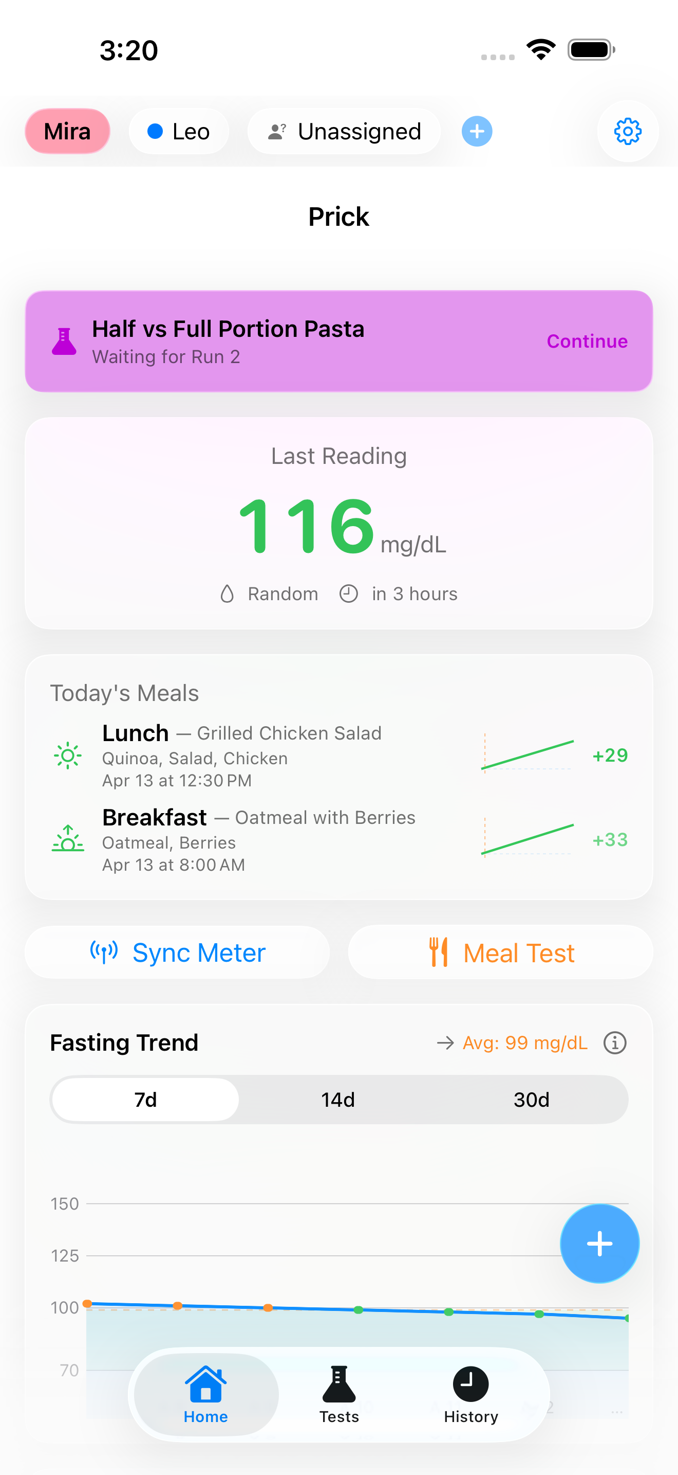 Prick dashboard showing glucose readings and fasting trend