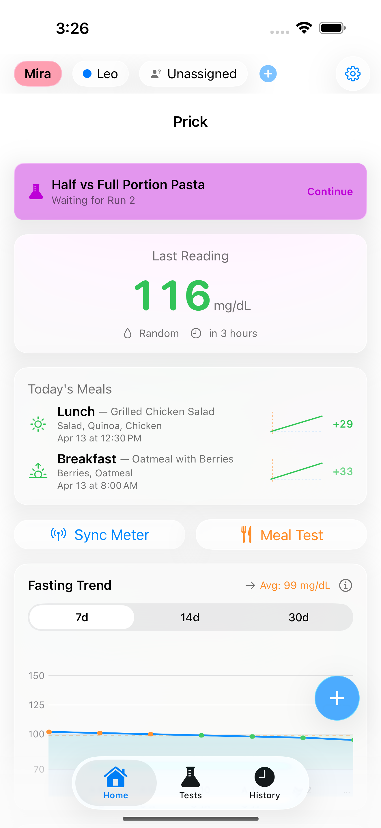 Meal tracking view with food tags and glucose spike